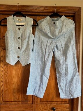 Boden Pale Blue Striped Seersucker Wide-Leg Pants